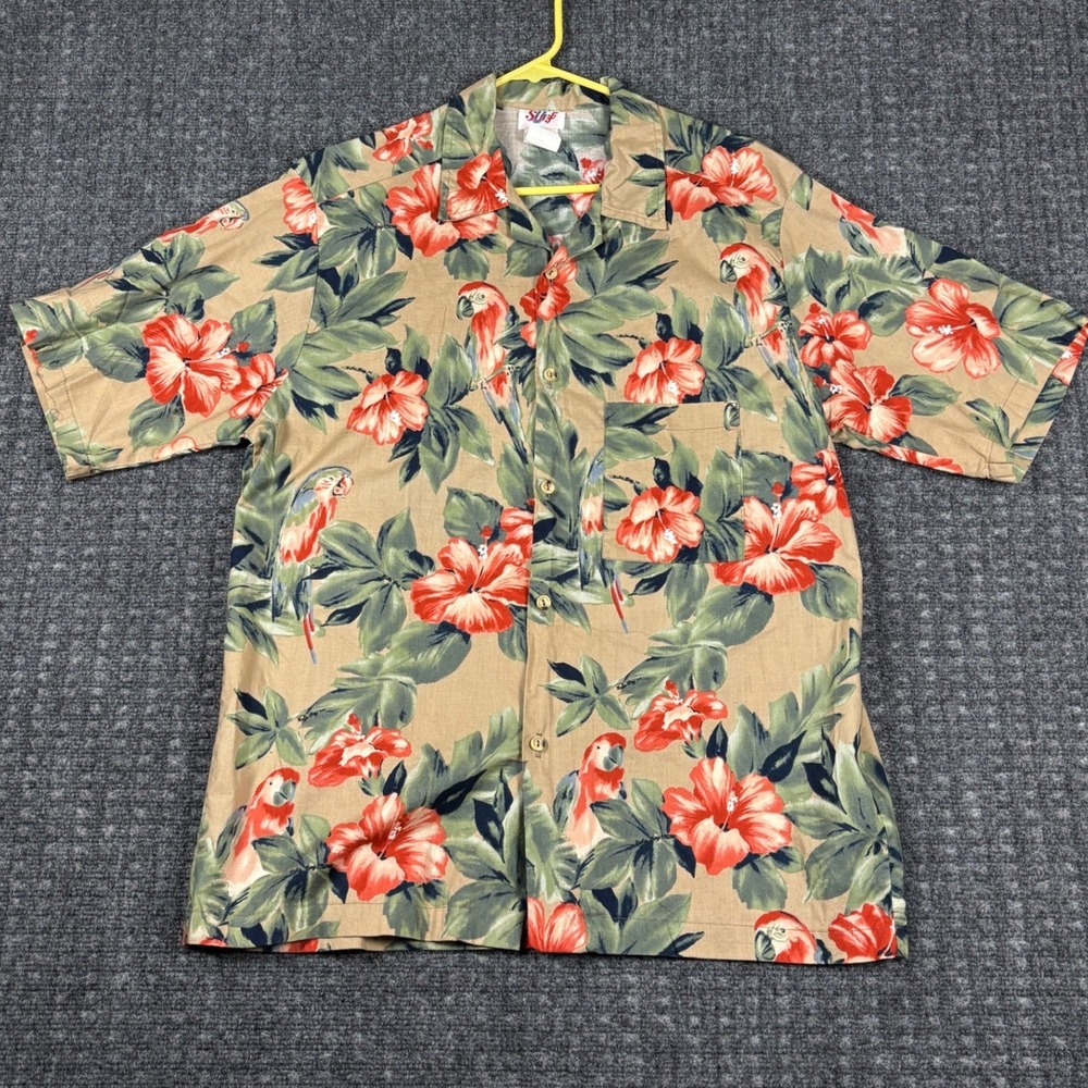 Surf Hawaiian Shirt Parrot Hibiscus Tropical Floral Print XL Tan